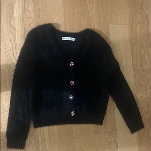 Zara Knit Black Fuzzy Cardigan with Statement Buttons